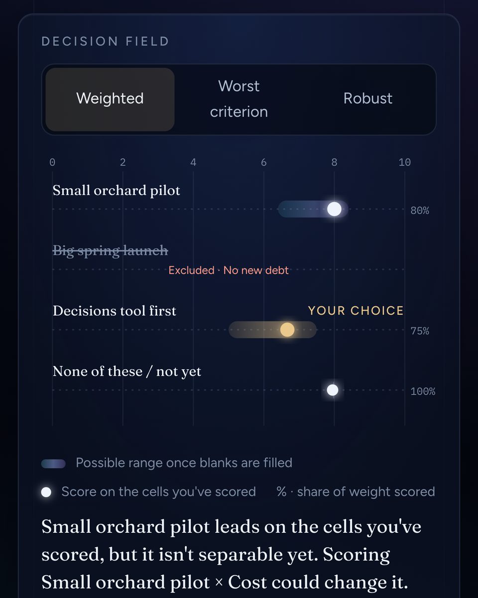 Detail of the decision field at iPhone size: four options as ranges on a zero-to-ten scale, one excluded by “No new debt”, the chosen one marked “Your choice”, and a plain sentence saying the leader isn't separable yet.