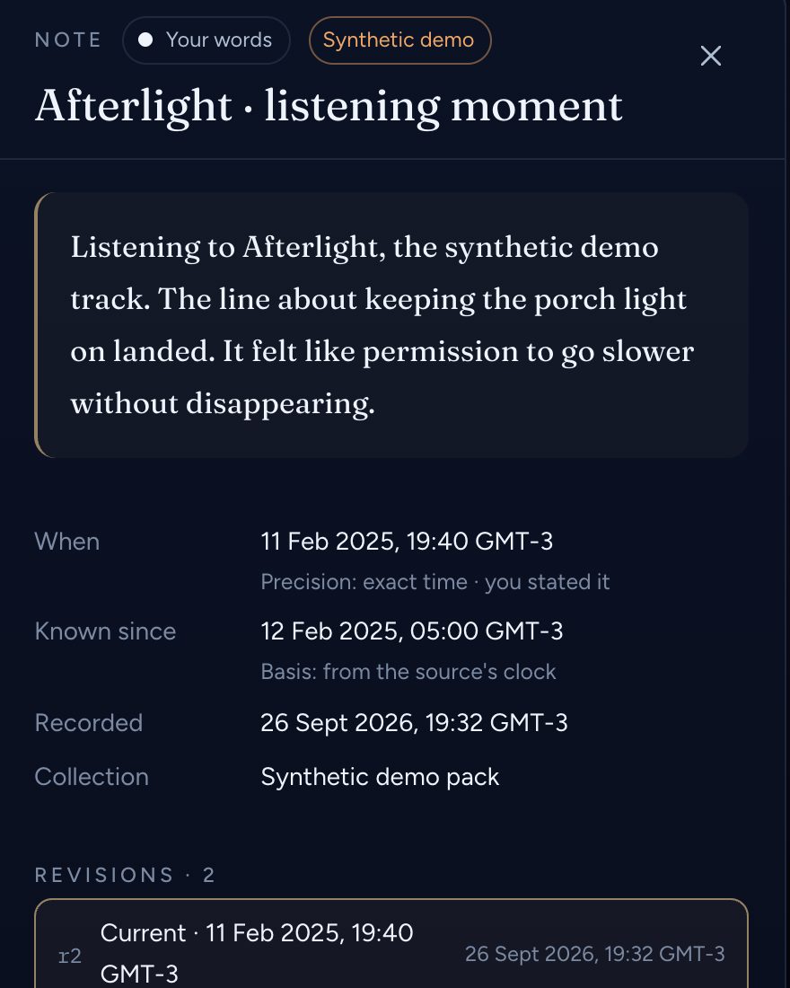 Detail of the source inspector: the note “Afterlight · listening moment”, marked Your words and Synthetic demo, with when it happened, when it became known and when it was recorded.