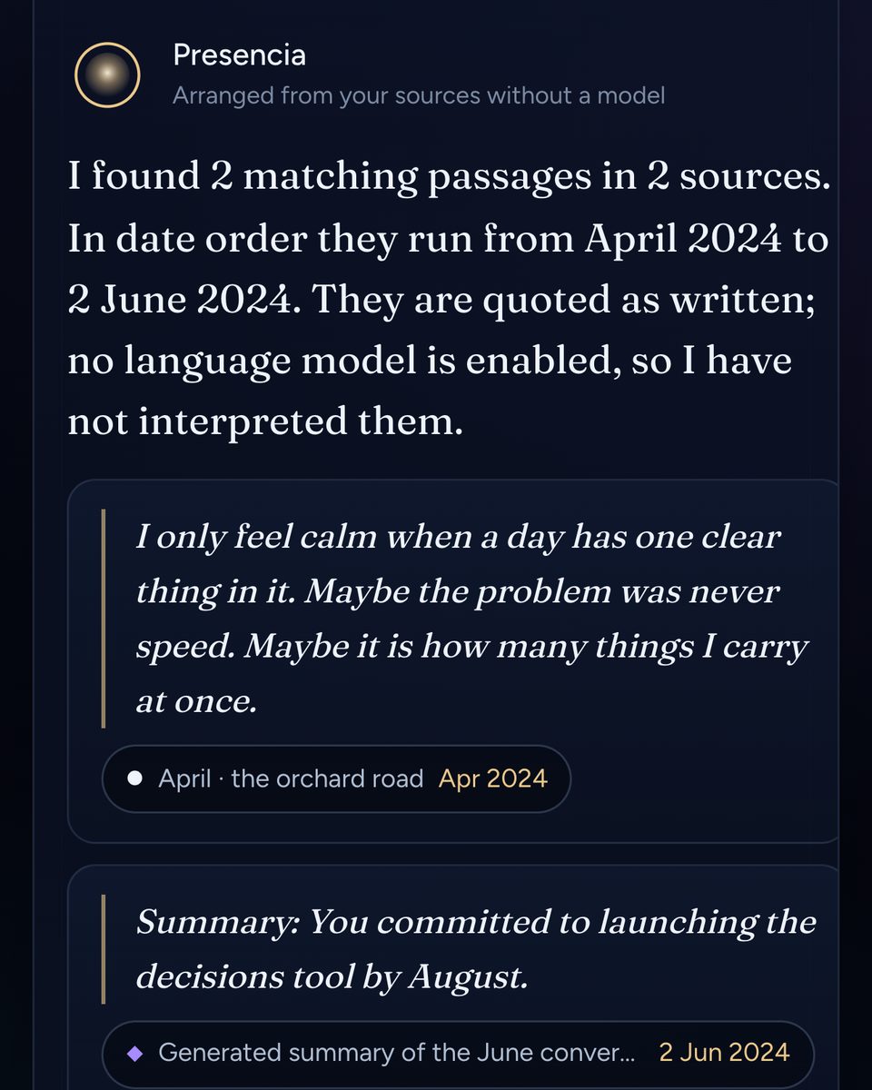 Detail of an Entity answer at iPhone size: two matching passages quoted as written, without a language model, each shown with its source and date; the second is marked as a generated summary.