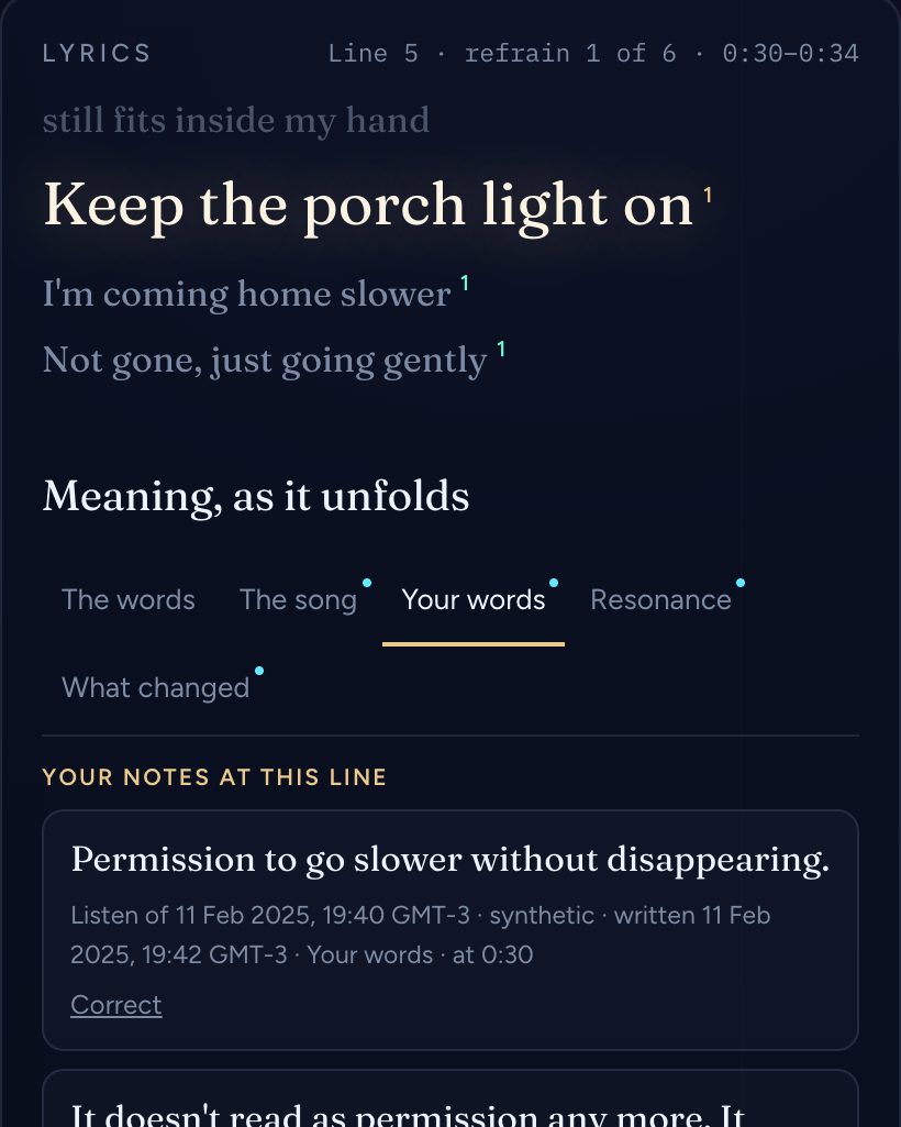 Detail of the Listening Room lyrics panel: the current line “Keep the porch light on”, the tabs for meaning as it unfolds, and the listener's own note at this line.