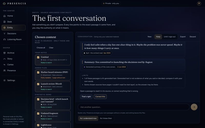Entity's first conversation on a Mac: the chosen sources on the left, each with its readiness, and on the right an answer made of quoted passages with source chips, a Limits box noting that one passage is AI-generated and that some pages couldn't be read, and buttons to confirm or correct.