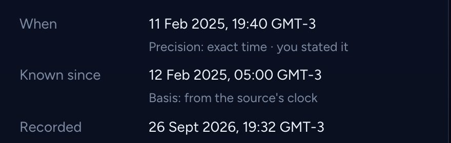 The inspector's dates for one note: when it happened, with its precision and basis, when it became known, and when it was recorded.